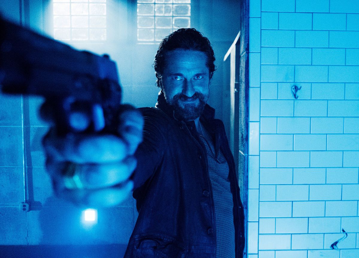A gleefully fiendish Gerard Butler in Copshop.