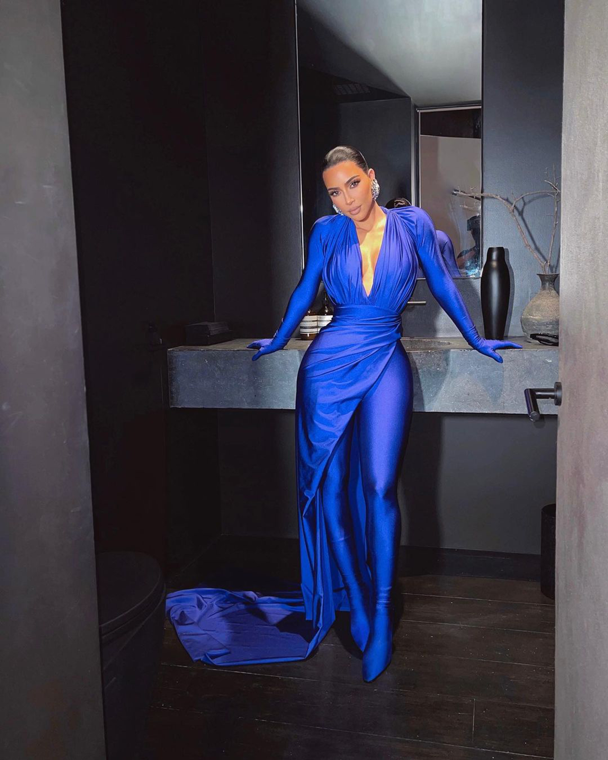 Kim Kardashian wearing a blue Balenciaga outfit